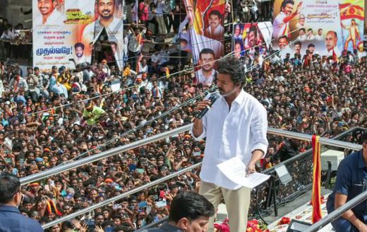 Tamil actor Vijay addressing a rally. 39 people died in a stampede at a rally he was addressing on Saturday