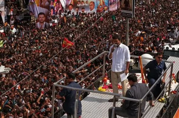 Tamil actor Vijay addressing a rally. 39 people died in a stampede at a rally he was addressing on Saturday