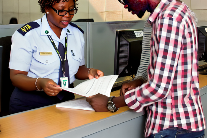 An AI-generated image of an NTSA officer assisting a motor vehicle owner with the ownership transfer process at an NTSA office