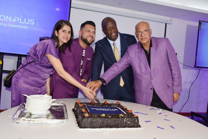 From left- Mrs Shivani Bhojwani wife to Umesh Bhojwani founder of Visionplus, PS Trade Alfred Ombudo KOmbudo and Ishwal Aildasani