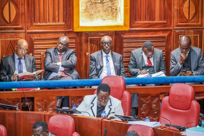 Deputy President Rigathi Gachagua and his legal team at the senate chamber