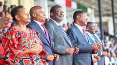 First Lady Rachel Ruto, Deputy President nominee Kithure Kindiki, Prime Cabinet Secretary Musalia Mudavadi, and Speaker Moses Wetangula at the 61st Mashujaa Day at the Kwale Stadium, Kwale County.