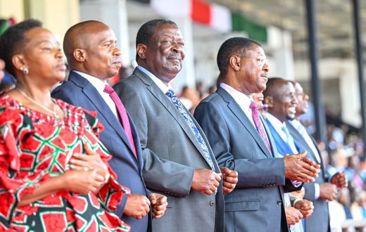 First Lady Rachel Ruto, Deputy President nominee Kithure Kindiki, Prime Cabinet Secretary Musalia Mudavadi, and Speaker Moses Wetangula at the 61st Mashujaa Day at the Kwale Stadium, Kwale County.