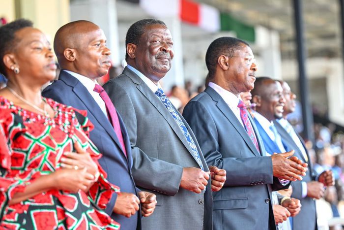 First Lady Rachel Ruto, Deputy President nominee Kithure Kindiki, Prime Cabinet Secretary Musalia Mudavadi, and Speaker Moses Wetangula at the 61st Mashujaa Day at the Kwale Stadium, Kwale County.