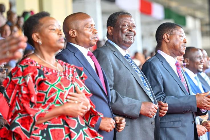 First Lady Rachel Ruto, Deputy President nominee Kithure Kindiki, Prime Cabinet Secretary Musalia Mudavadi, and Speaker Moses Wetangula at the 61st Mashujaa Day at the Kwale Stadium, Kwale County.