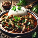 An AI-generated image of a well-prepared plate of matumbo, garnished with fresh herbs and served with a side of white rice.