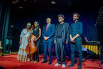 FROM LEFT  Voice artist, Wakio Mzenge; Cellist, Masala Sefu; The Ambassador of Italy, HE Roberto Nataliand jazz musician, Olmo Chittò at Ukumbi Mdogo at the closing of 'Found in Translation' literary event