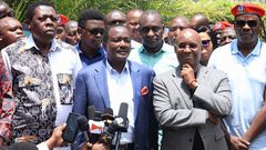 Azimio la Umoja principal and Wiper leader Kalonzo Musyoka, Democratic Alliance Party leader (DAP K) leader Eugine Wamalwa and Safina party leader Jimi Wanjigi addressing the press after a church service on Sunday, September 29, 2024.