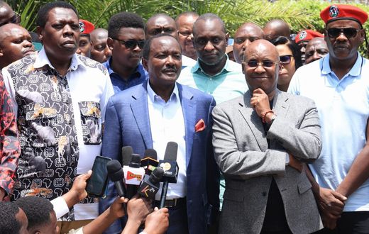 Azimio la Umoja principal and Wiper leader Kalonzo Musyoka, Democratic Alliance Party leader (DAP K) leader Eugine Wamalwa and Safina party leader Jimi Wanjigi addressing the press after a church service on Sunday, September 29, 2024.
