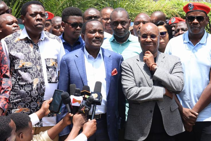 Azimio la Umoja principal and Wiper leader Kalonzo Musyoka, Democratic Alliance Party leader (DAP K) leader Eugine Wamalwa and Safina party leader Jimi Wanjigi addressing the press after a church service on Sunday, September 29, 2024.