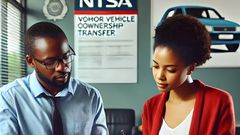 An AI-generated image of a motor vehicle owner and a buyer discussing vehicle ownership transfer documents