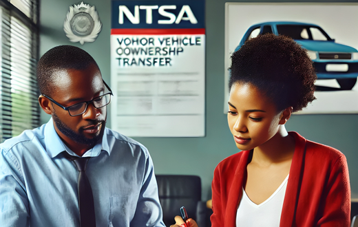 An AI-generated image of a motor vehicle owner and a buyer discussing vehicle ownership transfer documents