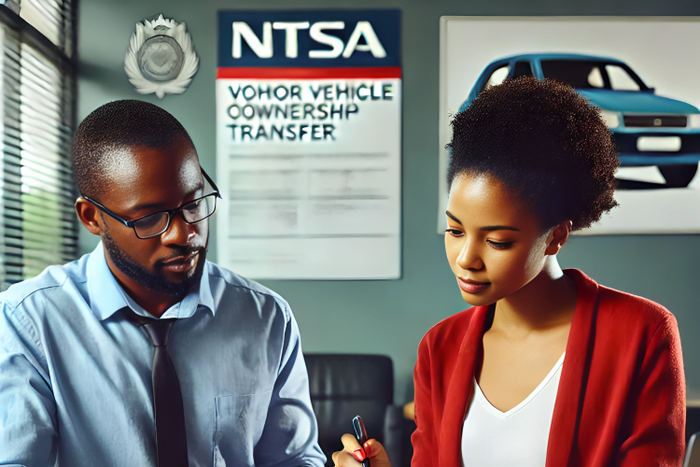 An AI-generated image of a motor vehicle owner and a buyer discussing vehicle ownership transfer documents