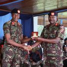 Major General Aphaxard Muthuri Kiugu officially handed over KMA command to Brigadier Peter Muthama Kimondiu