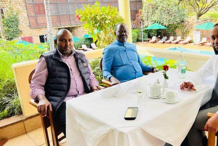 File image of Mining CS Ali Hassan Joho (right), ODM Leader Raila Odinga (center) and Suna East MP Junet Mohamed
