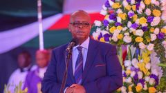 Former President Mwai Kibaki's son Jimmy Kibaki addressing mourners during the 3rd President's burial in Othaya, Nyeri County on April 30, 2022