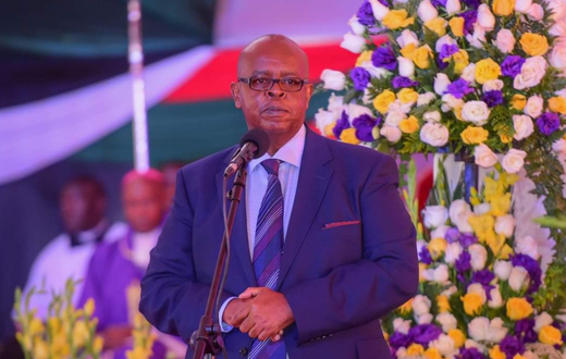 Former President Mwai Kibaki's son Jimmy Kibaki addressing mourners during the 3rd President's burial in Othaya, Nyeri County on April 30, 2022