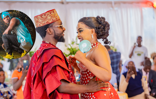 A photo of fashion designer Bolo Bespoke and Mueni during their wedding, inset, musician Timmy T Dat