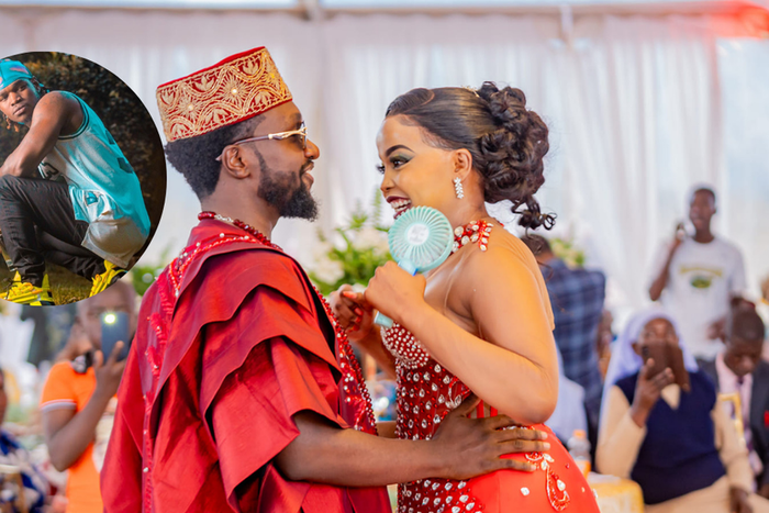 A photo of fashion designer Bolo Bespoke and Mueni during their wedding, inset, musician Timmy T Dat
