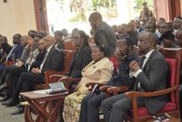 Rosemary Odinga, Uganda's Prime Minister Robinah Nabbanja and Kisumu Governor Anyang' Nyong'o seated among other dignitaries during the memorial service of the late former Prime Minister of Kenya, Raila Amolo Odinga