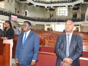 Minister for Justice and Constitutional Affairs in the Ugandan government, Norbert Mao (left) alongside Uganda's Minister of State for Trade, Industry and Cooperatives (Industry) David Bahati attend Raila Odinga's Memorial Service in Kampala