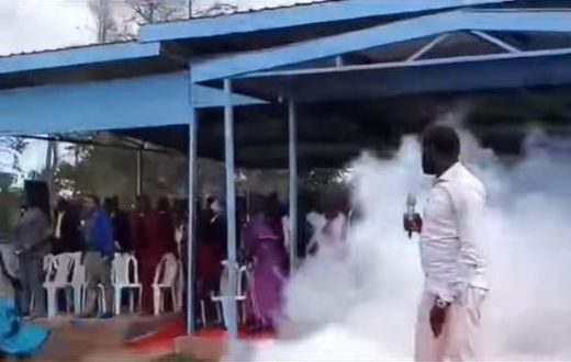 Screengrab image of the chaos that ensued after teargas cannister was lobbed at the dias where former DP Rigathi Gachagua was sitting during the thanksgiving service for Shamata Ward MCA Gitau Njamba in Nyandarua County