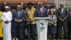 President William Ruto, at podium, flanked by African leaders at the Africa Climate Summit in Nairobi, September 6, 2023. Photo credits: Simon Maina, AFP