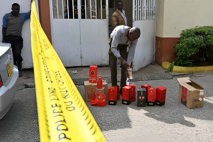 A Kenya Revenue Authority (KRA) official inspects packages of liquor that were seized on January 8, 2019 at a residential estate in Nairobi. Photo credit: Tony Karumba /AFP via Getty Images