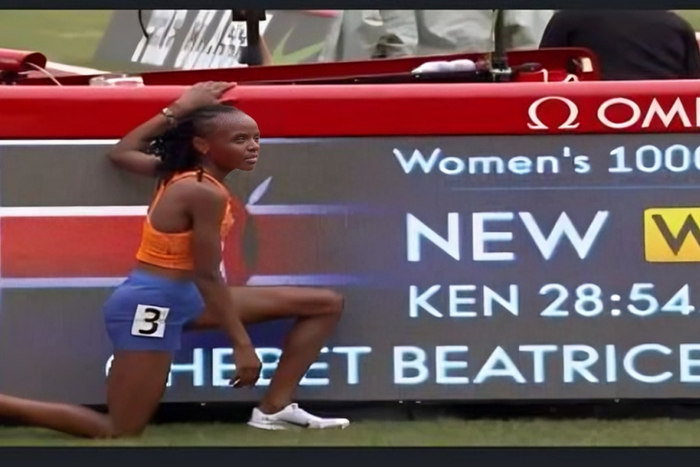 A screengrab image of Beatrice Chebet celebrating her 10000M world record