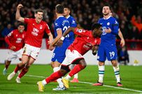 Serge Aurier celebrates after equalising for Nottingham Forest against Chelsea