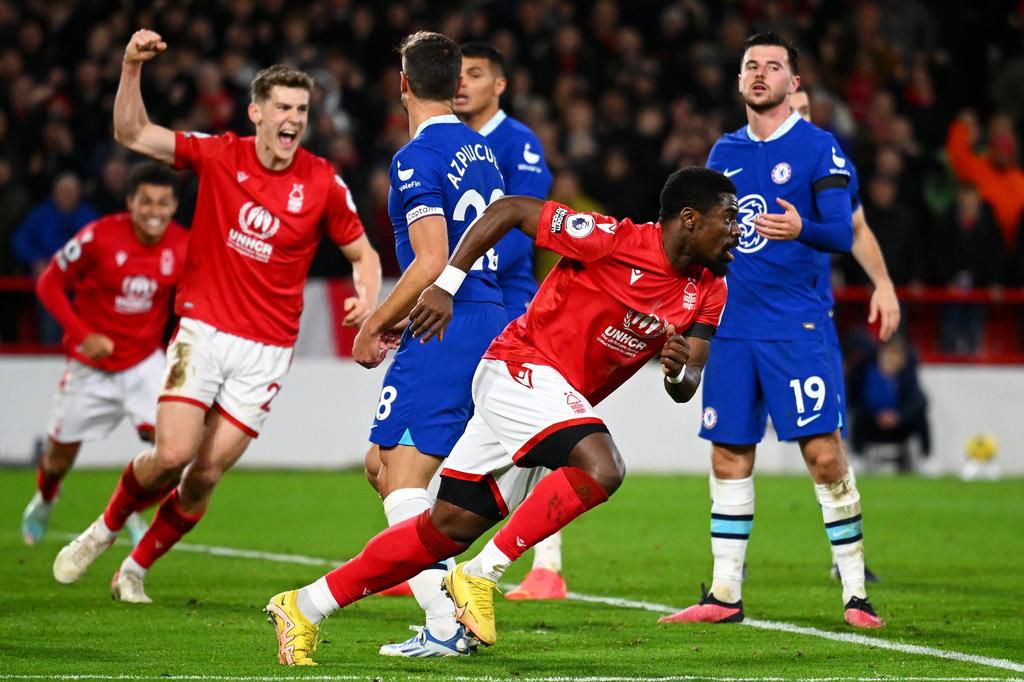 Serge Aurier celebrates after equalising for Nottingham Forest against Chelsea