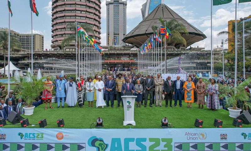 President William Ruto, at podium, flanked by African leaders at the Africa Climate Summit in Nairobi, September 6, 2023. Photo credits: Simon Maina, AFP