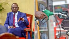 A collage of  President William Ruto and a fuel pump
