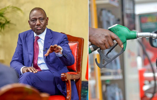 A collage of  President William Ruto and a fuel pump