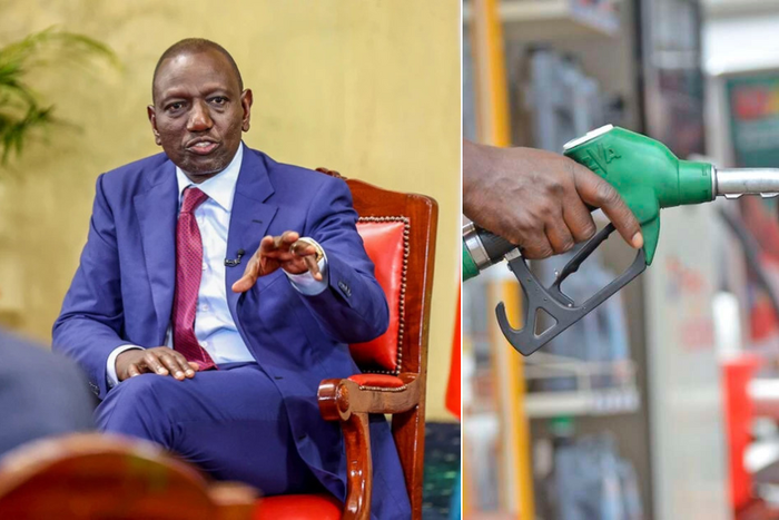 A collage of  President William Ruto and a fuel pump