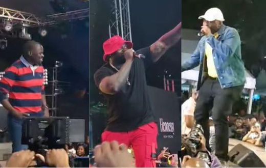Nairobi Governor Johnson Sakaja, rap[per Khaligraph Jones and Lang’ata MP Felix Odiwuor aka Jalang’o on stage during the Shoke Shoke festival on March 4 at KICC.