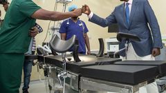 President William Ruto greeting a staff at the Kerugoya Level 5 Hospital on June 13,2023