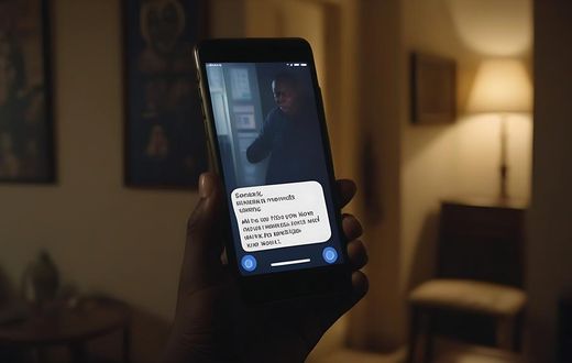 An AI generated image of a phone in a dimly lit room showing text messages