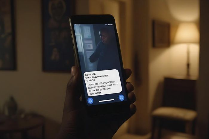 An AI generated image of a phone in a dimly lit room showing text messages