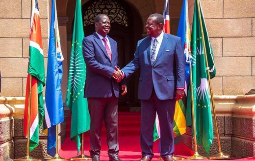 Prime CS Musalia Mudavadi with former PM Raila Odinga during a joint press conference on June 5, 2024