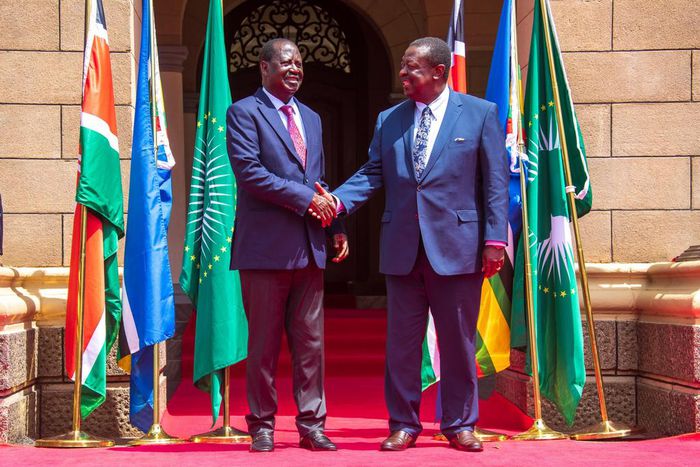 Prime CS Musalia Mudavadi with former PM Raila Odinga during a joint press conference on June 5, 2024