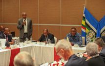 Ambassador Macharia Kamau speaking during a meeting convened by Uhuru Kenyatta to deliberate on the ongoing Nairobi Peace Process aimed at establishing a lasting peace and stability in the eastern part of the Democratic Republic of Congo.