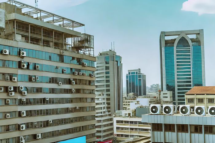 An AI-generated image of urban landscape in Nairobi, Kenya featuring modern high-rise buildings with visible air conditioning vents The scene depicts a clear sky and bustling