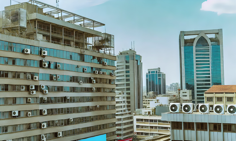An AI-generated image of urban landscape in Nairobi, Kenya featuring modern high-rise buildings with visible air conditioning vents The scene depicts a clear sky and bustling