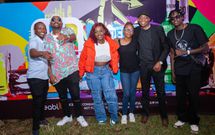 Left to Right: Ndovu Kuu, Maandy, Chrome Brand Manager Lilian Mbuguaand Fathermoh pose backstage at the Chrome Consumer Experience thattook place at the Marine Park Resort in Chuka. The event saw Maandyofficially unveiled as brand partner for the Kenya Breweries Limited (KBL)spirits brand, Chrome.