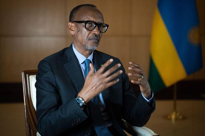 TOPSHOT - Rwanda's President Paul Kagame speaks during an interview with international media at the presidency office in Kigali, on May 28, 2021. (Photo by Simon Wohlfahrt / AFP) (Photo by SIMON WOHLFAHRT/AFP via Getty Images)