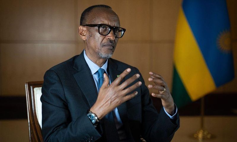 TOPSHOT - Rwanda's President Paul Kagame speaks during an interview with international media at the presidency office in Kigali, on May 28, 2021. (Photo by Simon Wohlfahrt / AFP) (Photo by SIMON WOHLFAHRT/AFP via Getty Images)