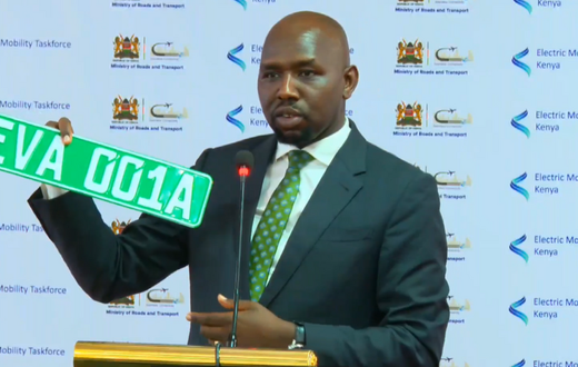 Transport Cabinet Secretary, Kipchumba Murkomen unveils new special number plate to identify electric vehicles