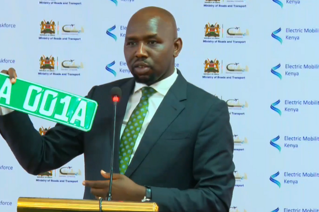 Transport Cabinet Secretary, Kipchumba Murkomen unveils new special number plate to identify electric vehicles