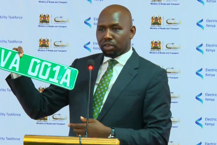 Transport Cabinet Secretary, Kipchumba Murkomen unveils new special number plate to identify electric vehicles